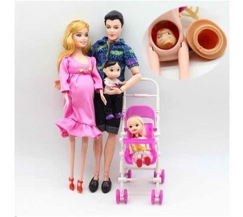 Boneca Barbie Grávida E Família Carrinho E Papai Mamãe Filho